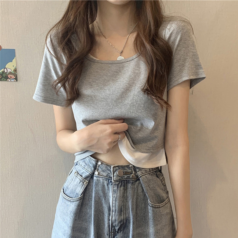 Short exposed navel fake two high waist short sleeve T-shirts summer women's Korean version design feeling loose and versatile half sleeve simple top