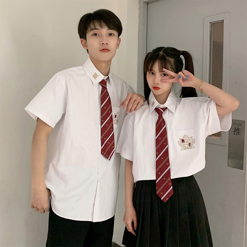 2107# [official figure with tie] men's and women's short sleeved shirt JK shirt uniform student couple suit college style class suit