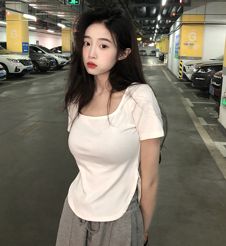 6535 cotton 2022 new short sleeve T-shirt women's short square neck top