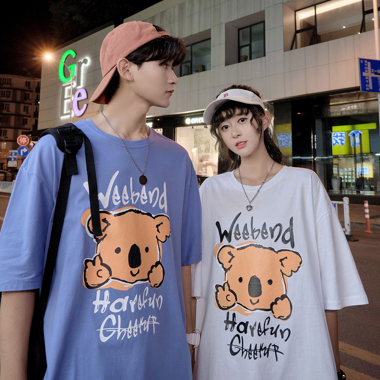 2299# [actual shot] couple's summer clothes harbor style bear printed short sleeve t-shirt female loose Korean student top