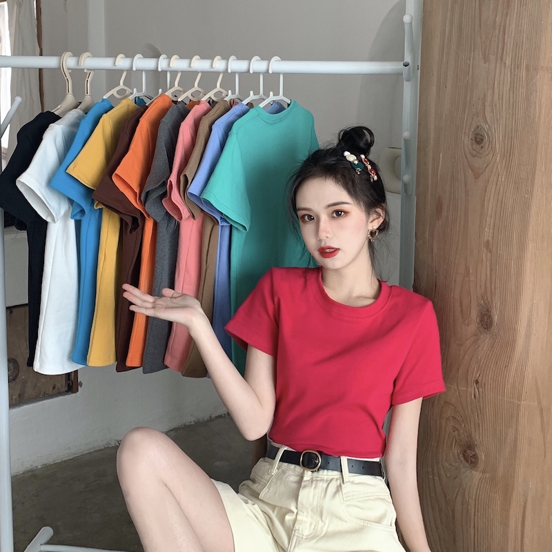 Shrimp skin hot selling 844 official website real price # loose fashion Korean style half sleeve tight women's Top candy color t-shirt female short sleeve student circle