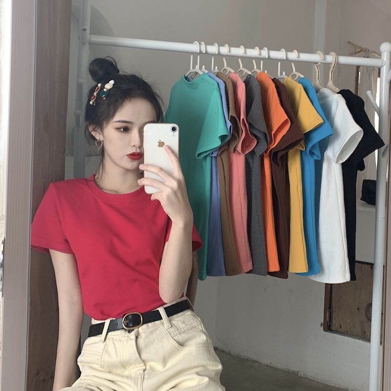 Shrimp skin hot selling [official picture] summer new super hot candy color T-shirt women's short sleeved pure cotton loose net red clothes