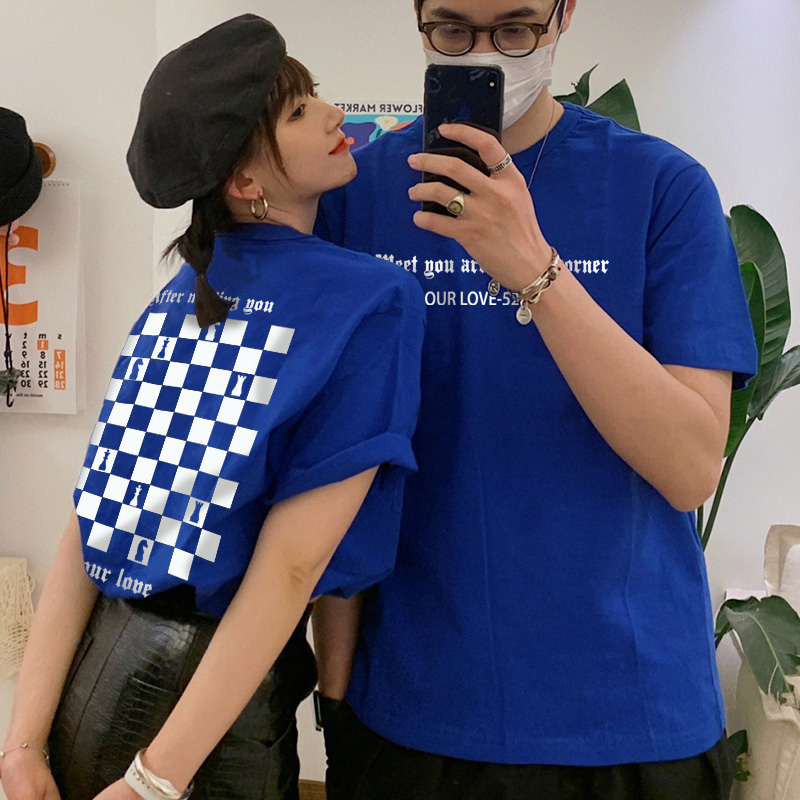 C49# [official picture] cotton Klein Blue Short Sleeved T-shirt couple summer checkerboard printed short sleeved top women