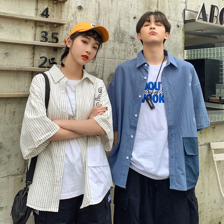 885# [Qing Dynasty] [real price and real shooting] short sleeved striped shirt for couples to wear Hong Kong Style Men's and women's thin shirt outside