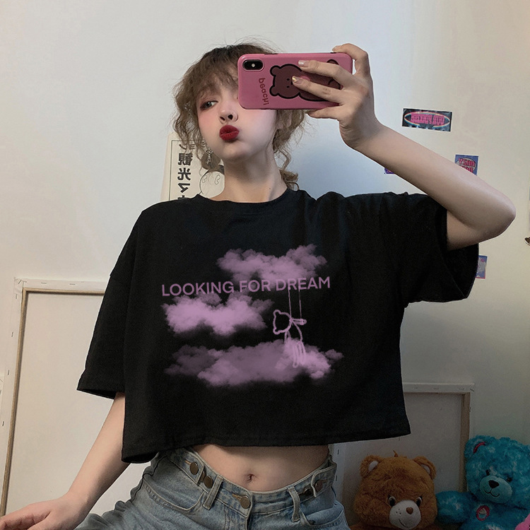 Shrimp skin hot selling 1d906 short sleeved T-shirt women's summer clothes new Korean design sense girls' Slim fitting retro printed student top