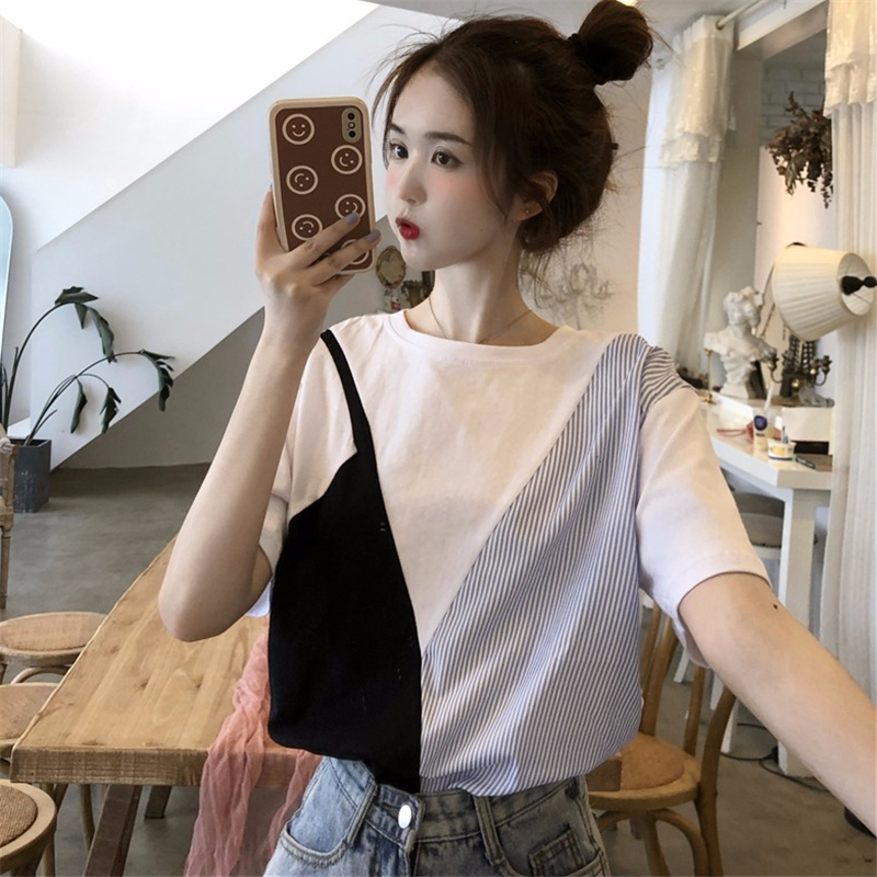 670# real price (6535 cotton) summer short sleeve T-shirt women's summer design stripe fake two-piece top
