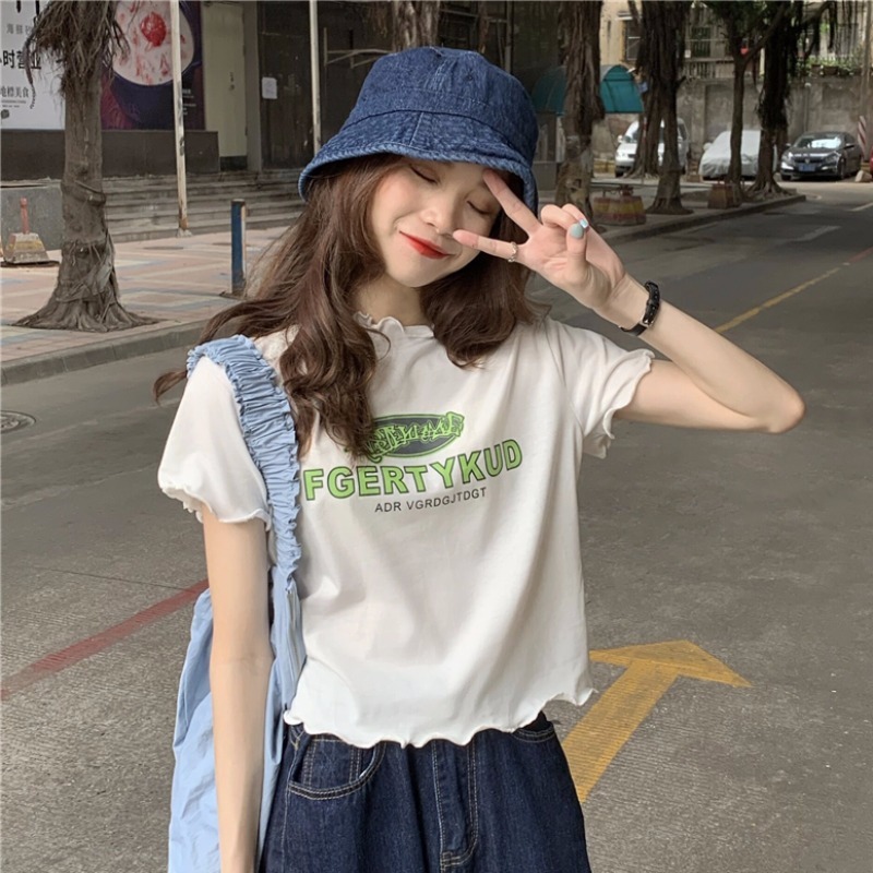 2096 # official figure real price 95 cotton 5 spandex summer letter printed wave edge short sleeve T-shirt women's fashion short