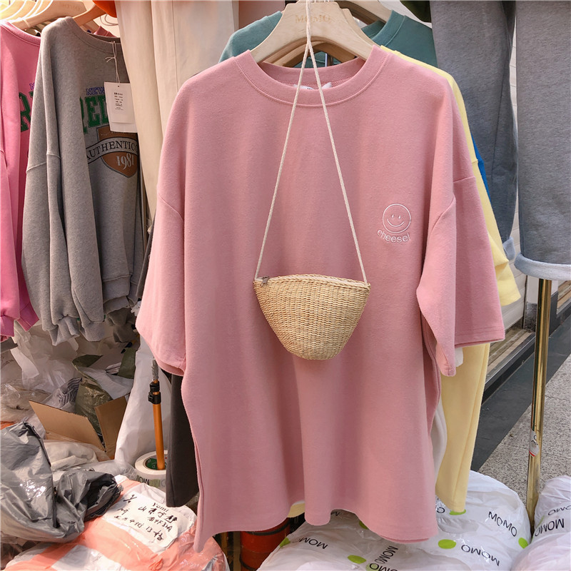 Shrimp skin hot selling official figure w50# smiling face embroidery 2021 summer Korean new short sleeve T-shirt women loose large student top women