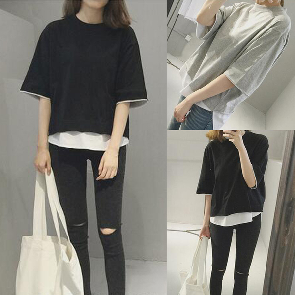 Shrimp skin hot selling 317# loose solid color fake two short sleeved T-shirt