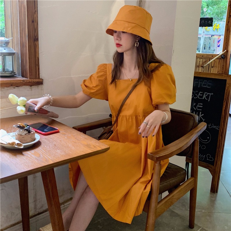 2099# real price (100% fiber) (with hat) dress wide skirt square neck bubble sleeve A-line skirt