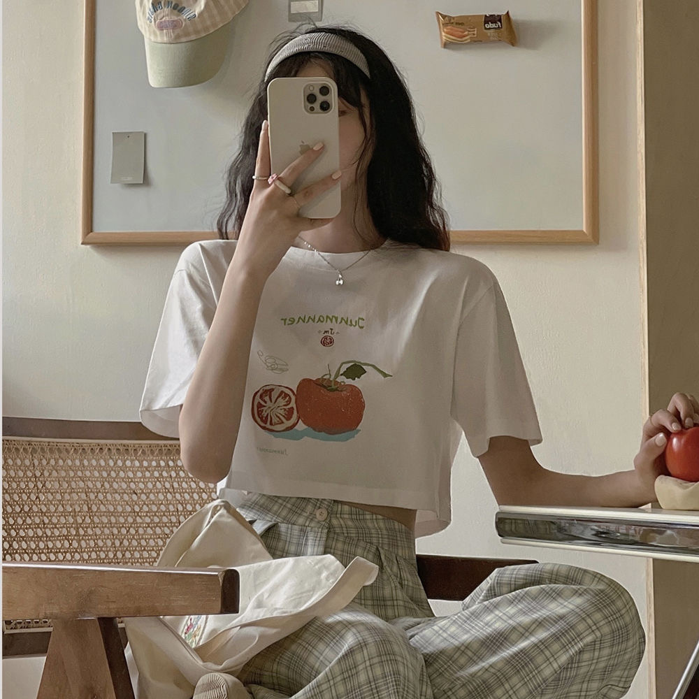 1021# official figure real price 6535 cotton short sleeve T-shirt women's loose casual high waist short top summer wear