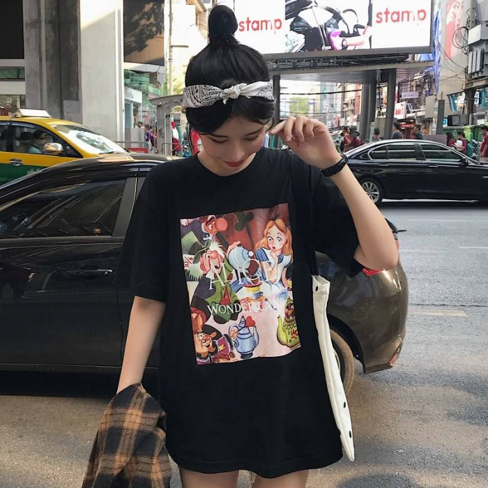 Shrimp skin hot 3294 * official picture * summer new Harajuku BF fashion T-shirt female short sleeve student lazy print medium long t-shirt female