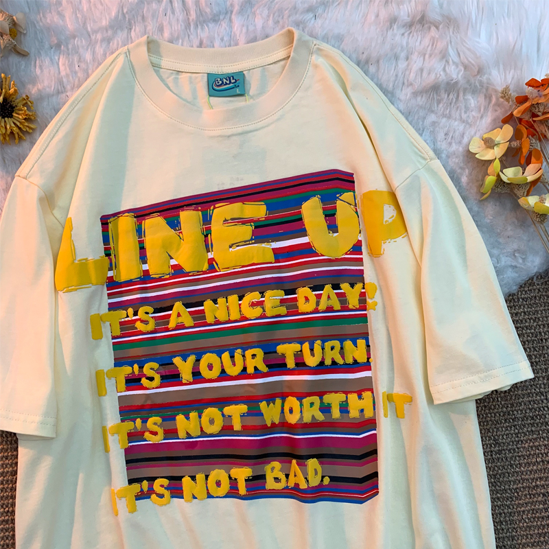American European and American retro design letter printing T-shirt women's summer fashion short sleeve ins casual top medium long
