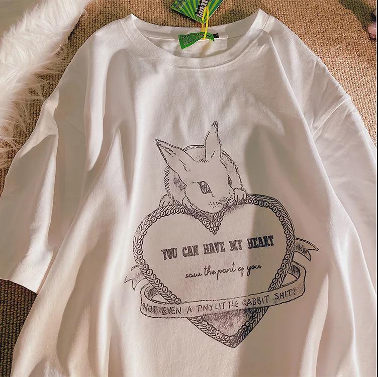 Milk silk short sleeve T-shirt women's American retro cartoon rabbit printed lower garment missing tide summer couple top