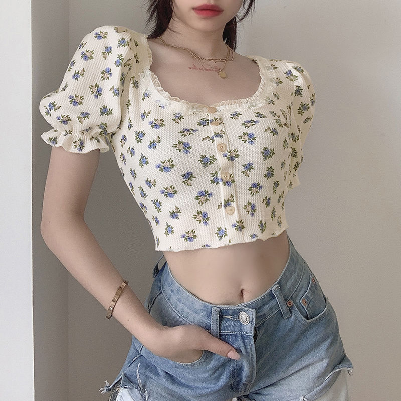 37# waffle summer American retro floral short T-shirt women's collar bubble sleeve exposed belly button top fashion