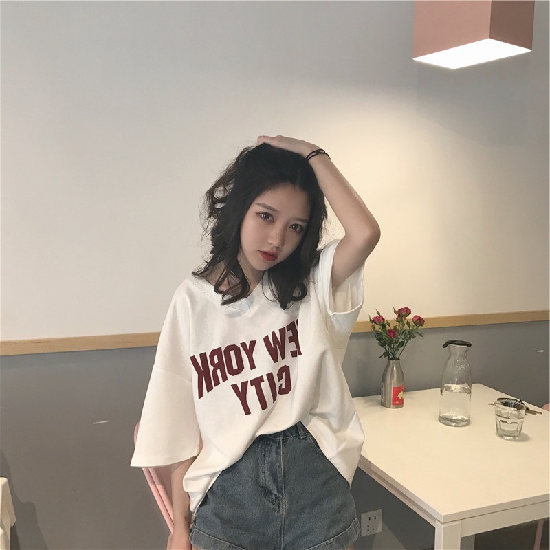 101# [official picture] summer women's letter printed V-neck short sleeve T-shirt women's loose Korean student top