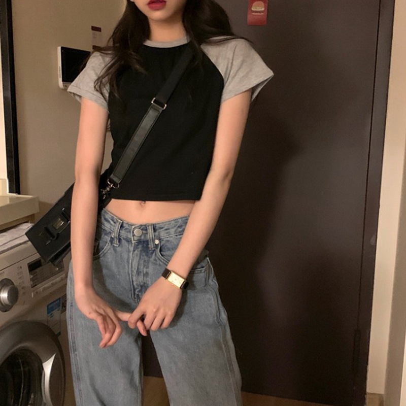 6680# contrast color short sleeve women's Korean version high waist trendy ins versatile student top summer dew navel short T-shirt women