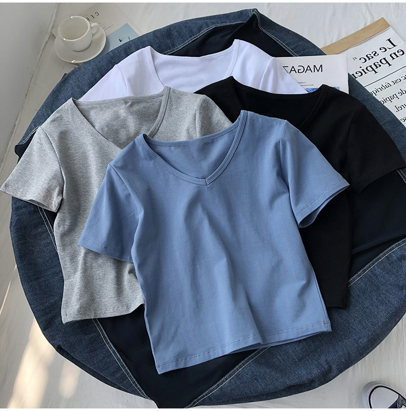 6635##ins European and American tight short sleeved V-neck solid color short t-shirt female summer thin high waist navel top female