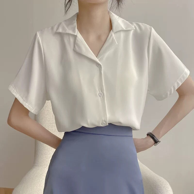 9807# spring and summer college style retro Korean professional suit Lapel short sleeve shirt women's solid color top women