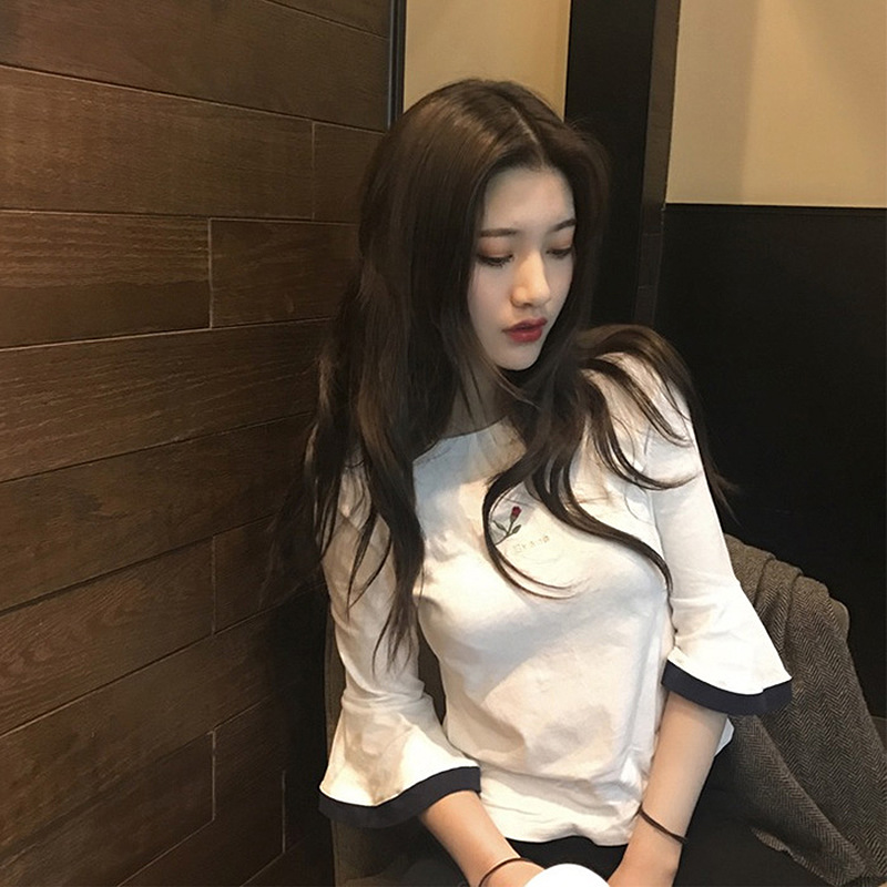 922# summer clothes Korean version new flare sleeve embroidered short sleeve t-shirt female student top