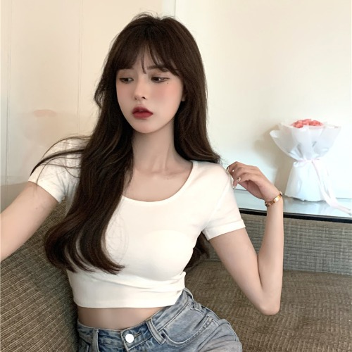 6716# summer ins fashion slim fit short style exposed navel pure desire wind sweet and spicy slim fit short sleeved top
