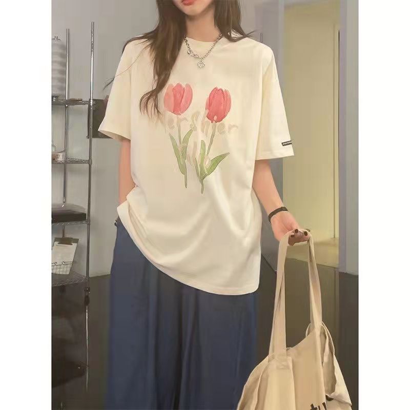 Milk silk original white Harajuku style printed short sleeved T-shirt women's ins loose Korean version versatile gentle top fashion