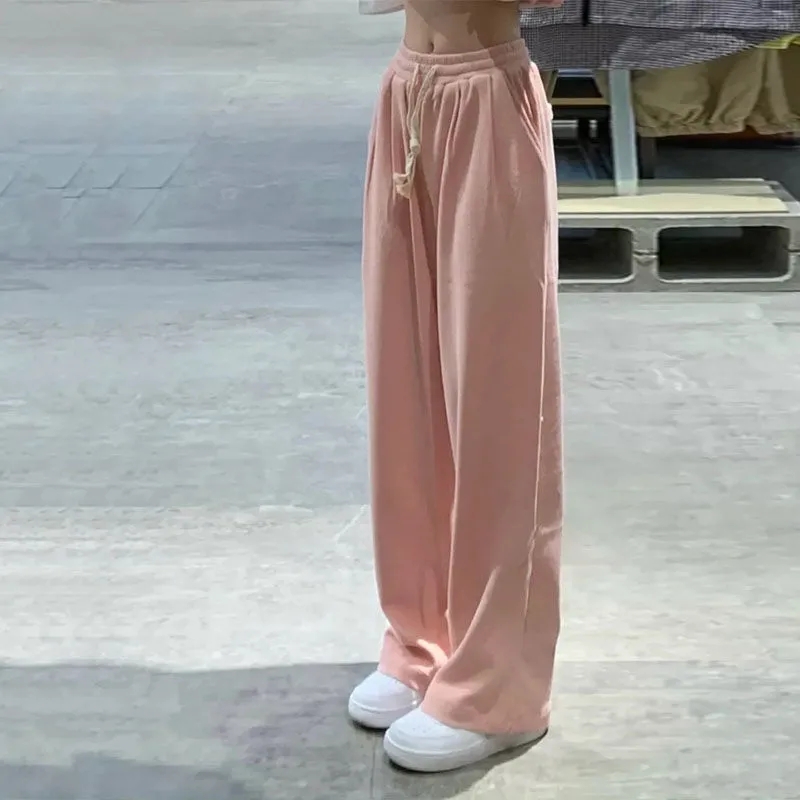 Pink casual pants women's spring and summer American loose and thin elastic waist drawstring sports pants straight pants