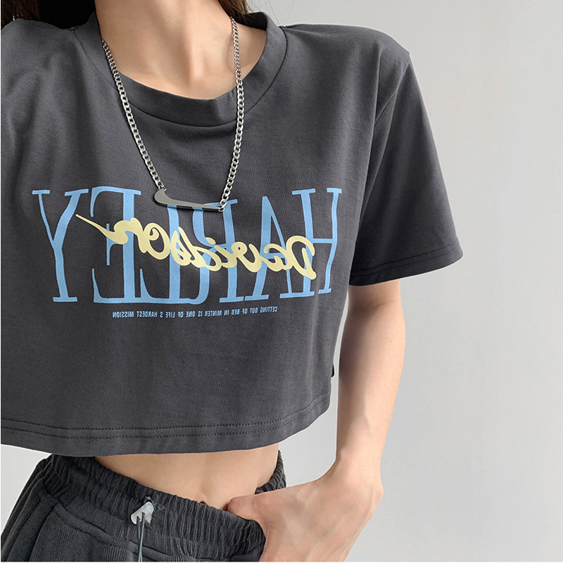 6535 Pullover cotton American alphabet print loose open navel top Vintage versatile round neck short sleeve T-shirt