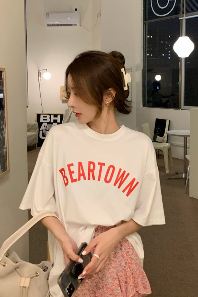 6535 pull frame cotton short sleeve loose letter printed top women's new Korean version slim and versatile round neck casual T-shirt