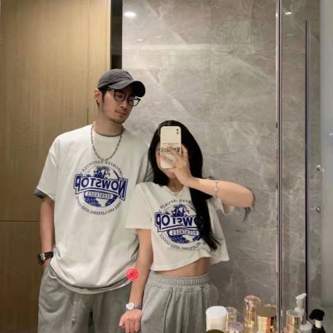 6535 pull frame cotton couple's one long one short T-shirt special net red tide brand niche design short sleeved top
