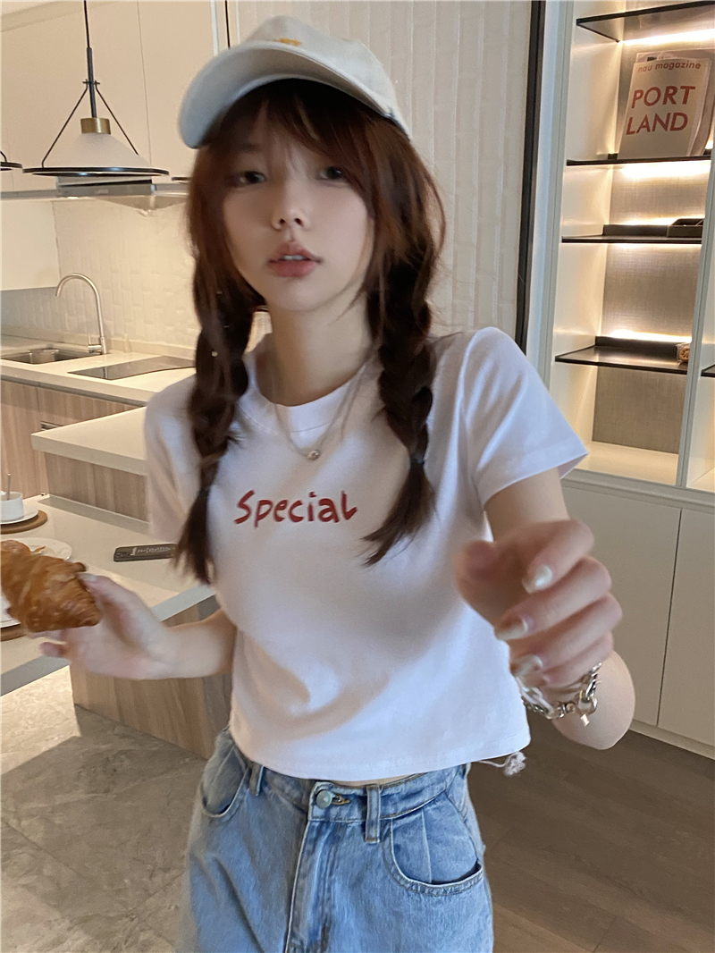 6535 Pullover cotton short sleeved T-shirt women's new college style slim fit and thin short letter printed white top