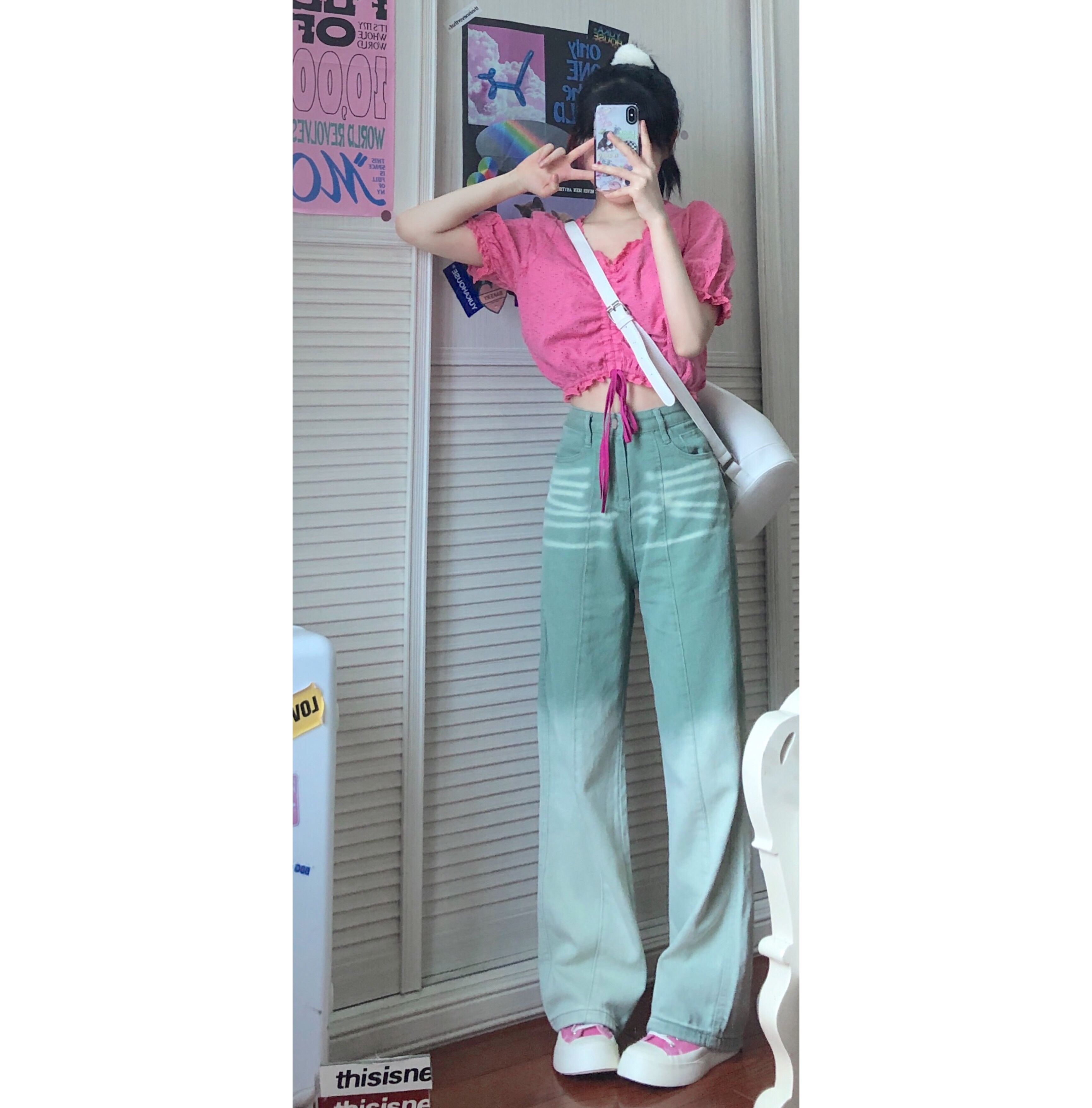 American retro minority street light washed jeans women's high waist casual loose wide leg pants