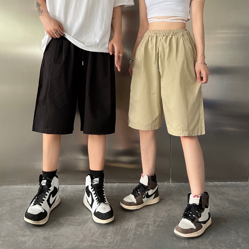 [actual shot] summer wide leg pants Korean casual pants high waist loose overalls knee length pants men's and women's fashion