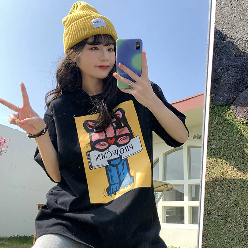 6535 pull frame Cotton Retro American T-shirt women's new cartoon printed letters loose black BF style short sleeved top