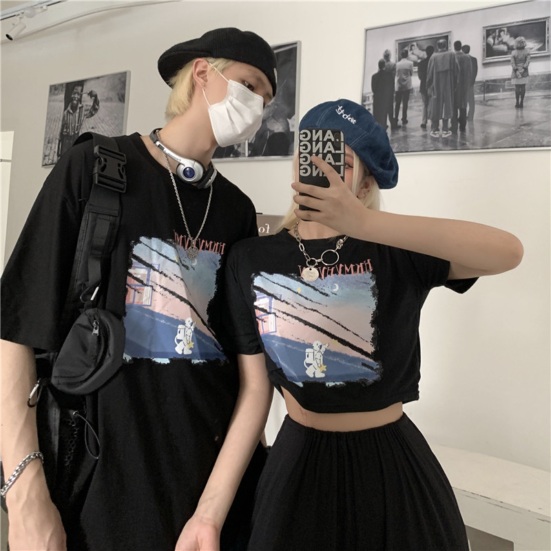 6535 pull frame cotton short top women's summer dew navel design sense of minority couple Harajuku style loose short sleeve T-shirt women