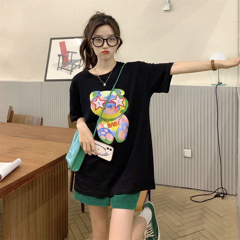 Milk silk funny cartoon printed T-shirt women's Korean version new loose and versatile black net red short sleeved top