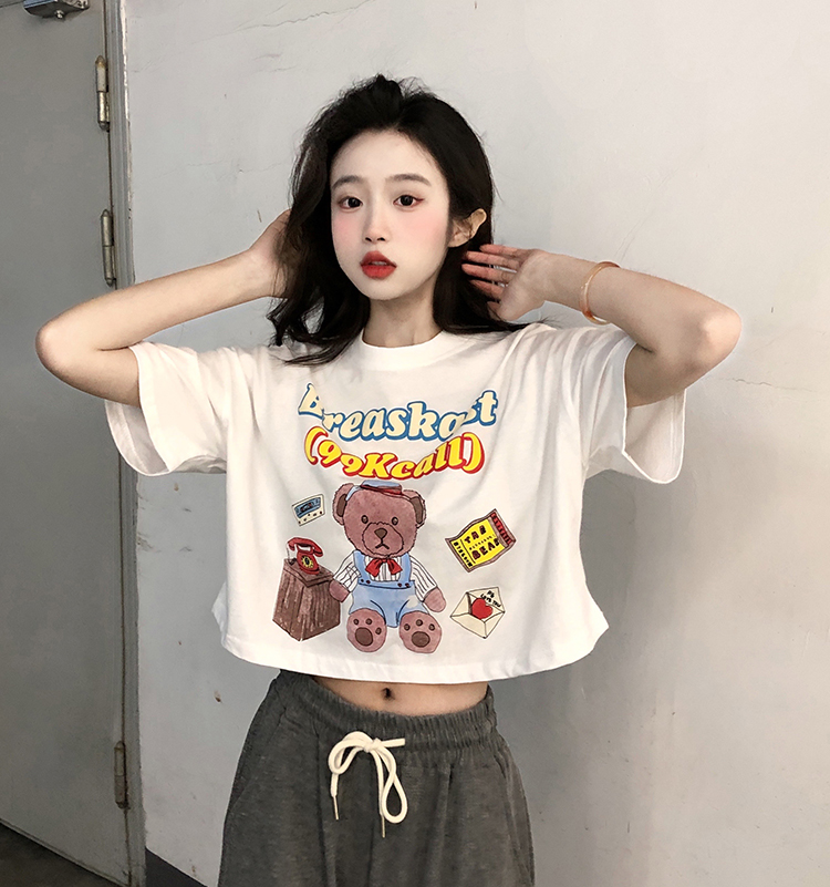 6535 pull frame Korean version new college style loose and thin Cartoon Bear print short sleeve T-shirt women's top fashion