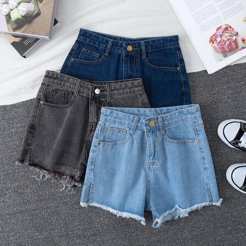 1003# real shooting Cowboy SHORTS female students loose wide legs raw edge chic high waist thin split hot pants children