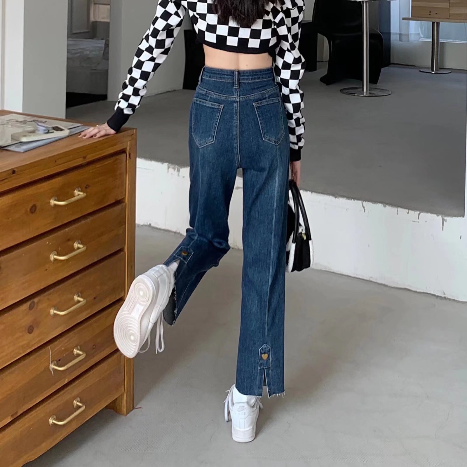 Washed blue high waist straight tube wide leg split jeans women's spring 2022 new slim high pants