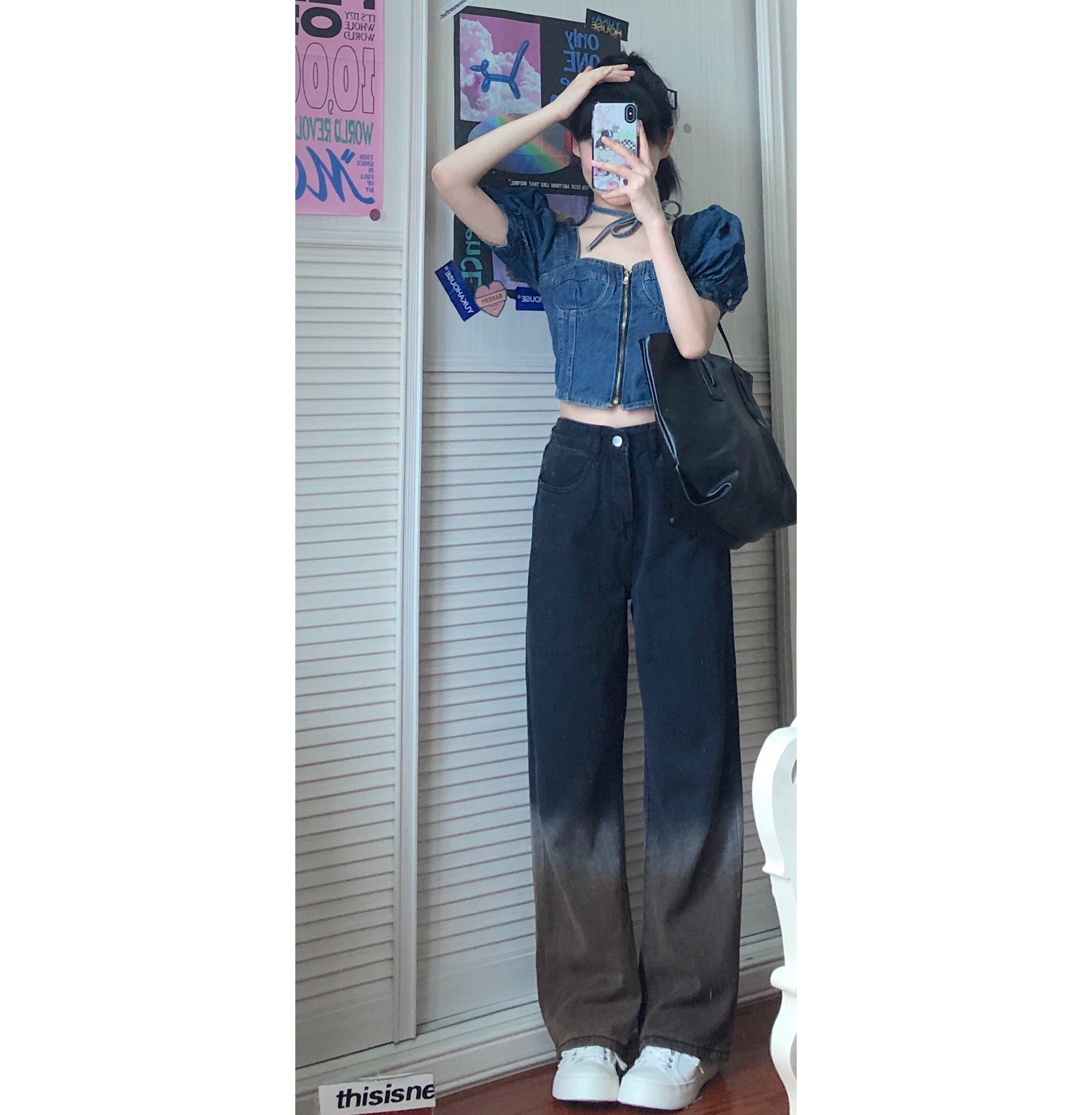 Gradient jeans, men's and women's straight tube loose American high street pants, fashionable design, minority real photos