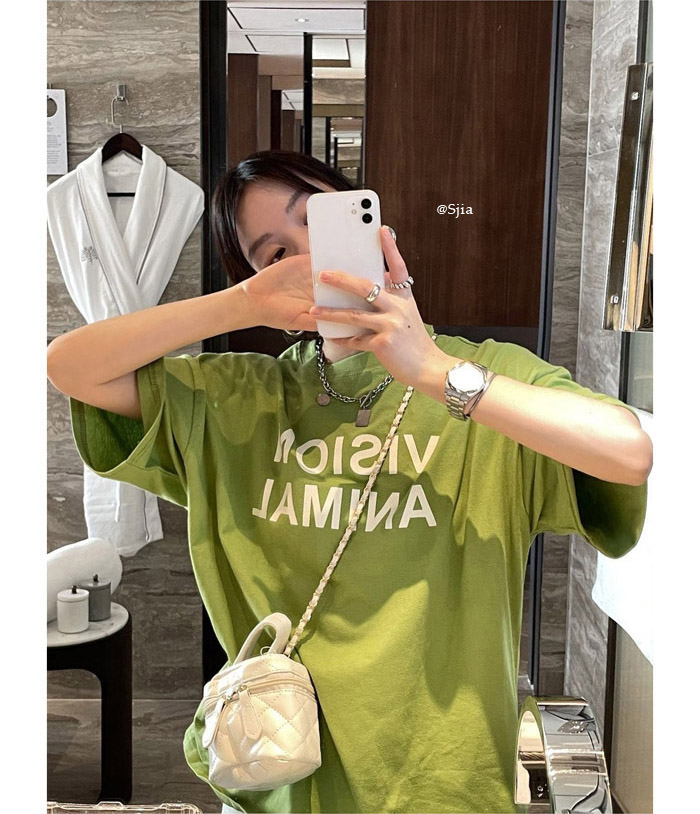 6535 Pullover cotton Korean print T-shirt women's green letters loose and versatile casual medium and long short sleeved top