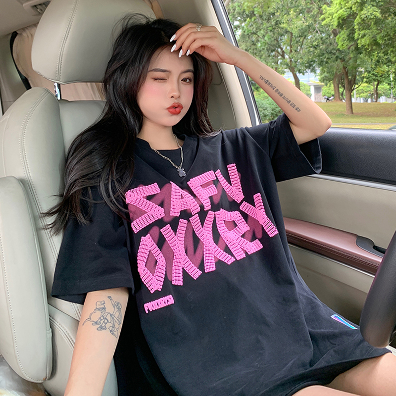 6535 pull frame cotton T-shirt women's spring dress Korean version new letter printing loose medium and long short sleeve top cool fashion