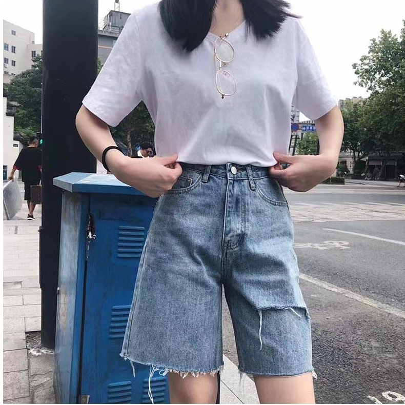 Denim Capri Pants women's loose straight tube middle tube pants Hong Kong wind broken hole middle pants fashion out wear daddy pants middle and long shorts