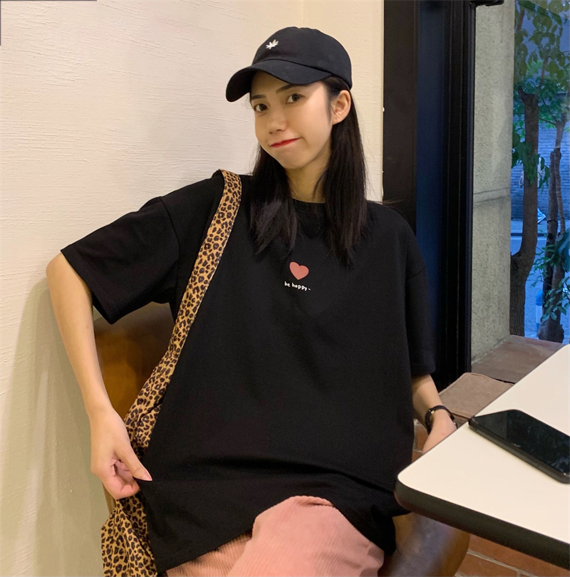 6535 pull frame cotton love printing Casual Short Sleeve T-Shirt NEW lazy style loose medium length black top