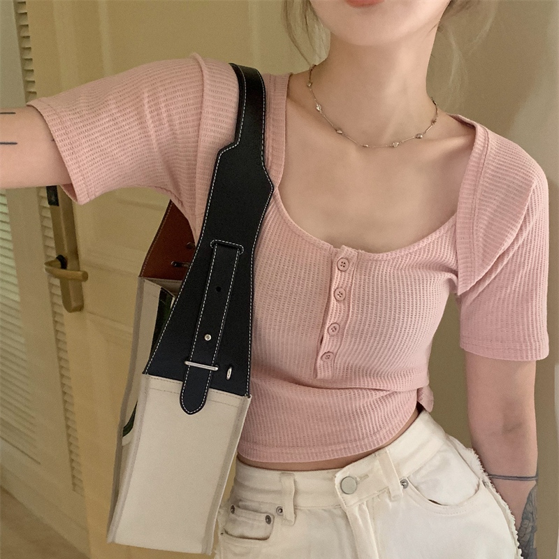 Jinliang official figure Imitation cotton rib 93% polyester 7% spandex design sense of minority fake two-piece T-shirt women's spring
