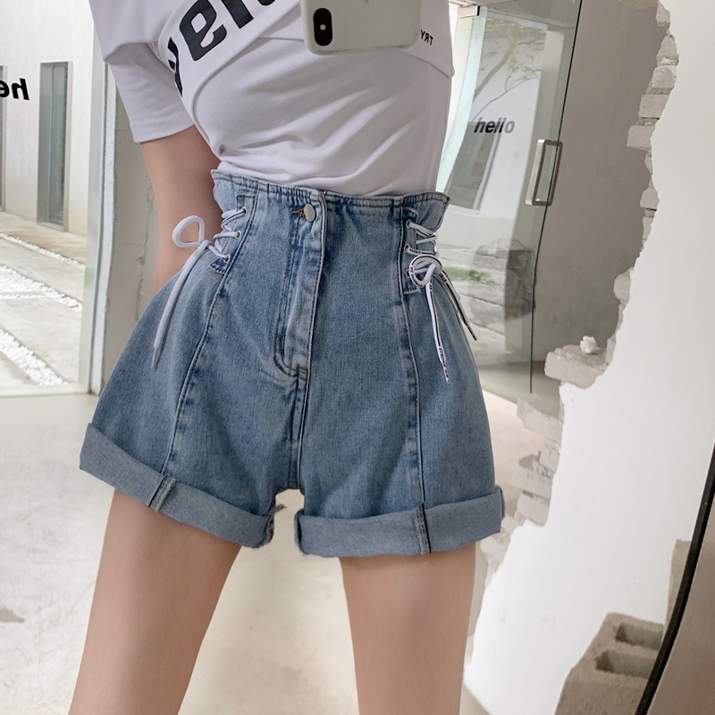 European personalized bandage Hot Girl Cowboy SHORTS women's 2022 summer new high waist hem design A-shaped wide leg pants