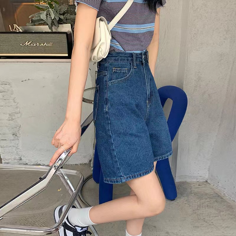 High waist denim shorts women's summer loose 2022 new A-line straight tube wide leg Capris thin style slim pants