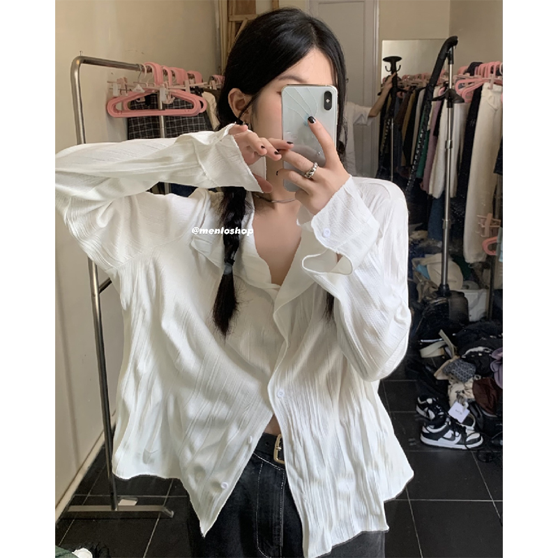 Jinliang official picture 250g rainbow bar 90% polyester 10% spandex Spring Long Sleeve White chic blouse women
