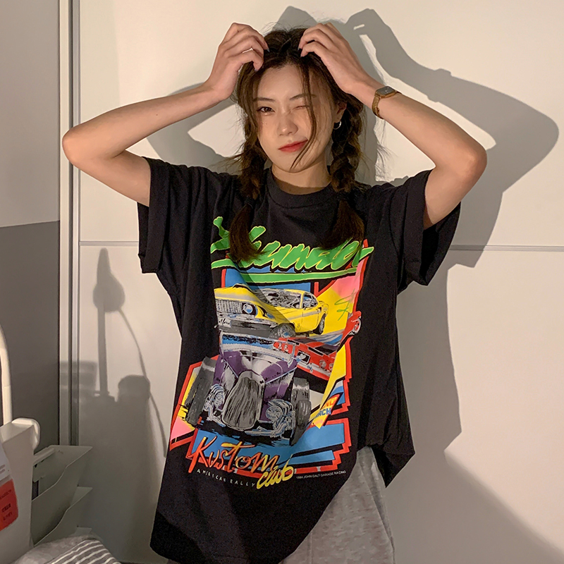 6098# real shot [6535 Pullover cotton] 2022 spring and summer loose medium length Vintage printed short sleeve T-shirt for women