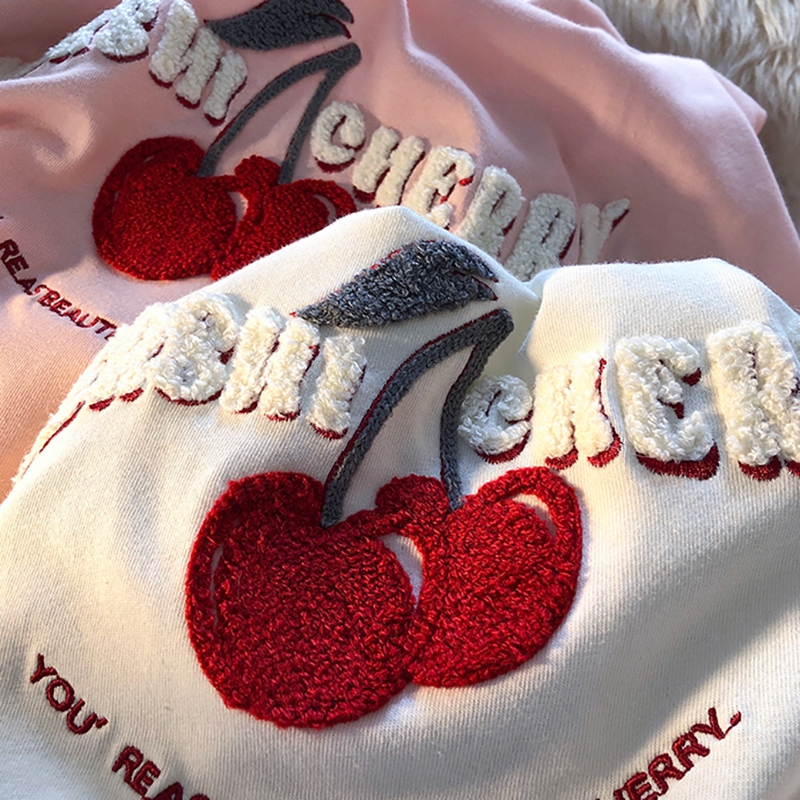 Jinliang official figure 6535 pull frame cotton towel embroidered with Japanese sweet flocking letters cherry couple loose short sleeves